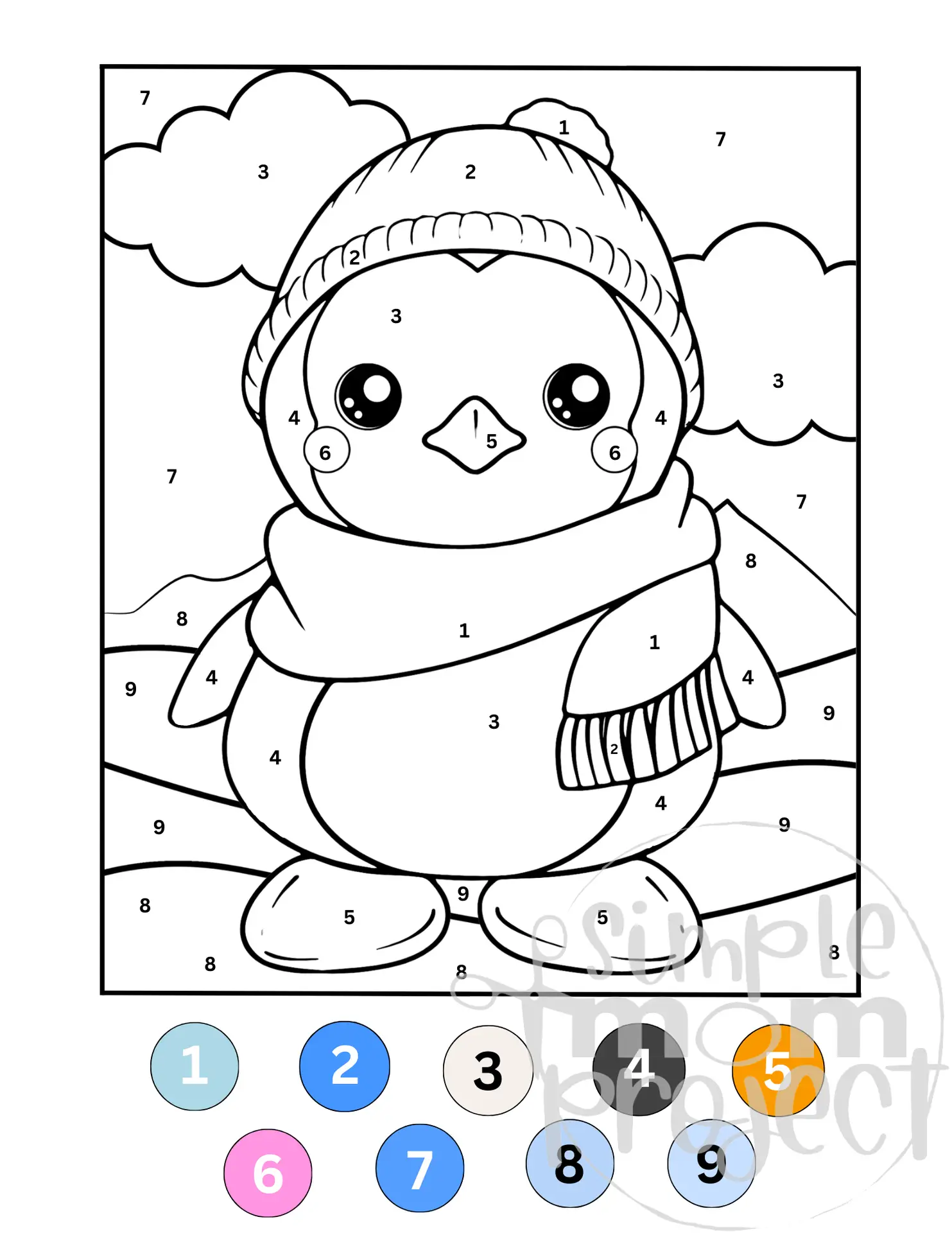 free printable winter penguin colornumber coloring page